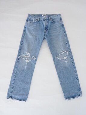AGOLDE Medium Wash Distressed Ripped Knee Straight Leg Denim Jeans High Rise 28